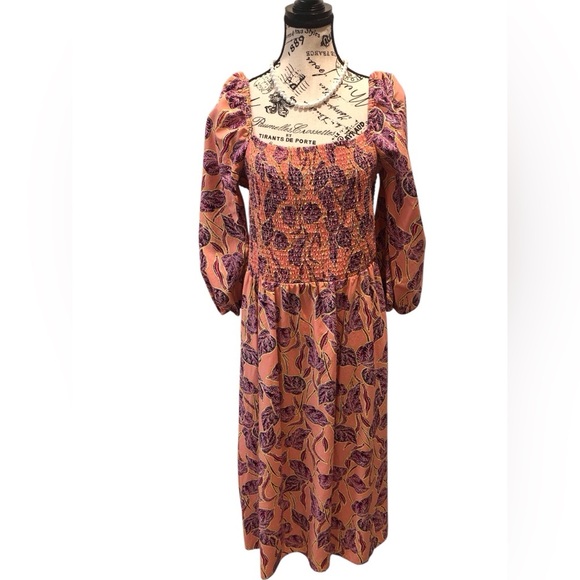 Time and Tru XL 16/18 Maxi Sleeve Dress Peach and Purple Floral Smocked - Picture 1 of 6